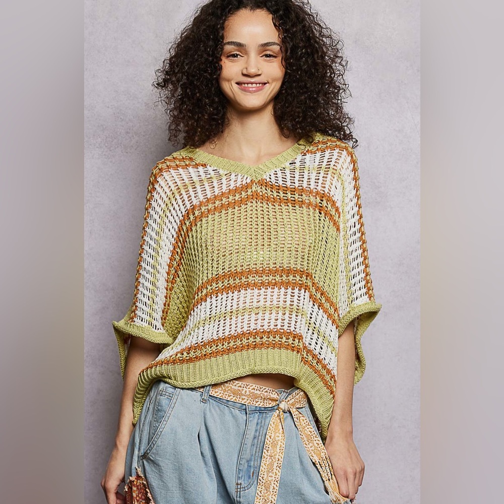 POL Openwork Lightweight Striped V-Neck Knit Top